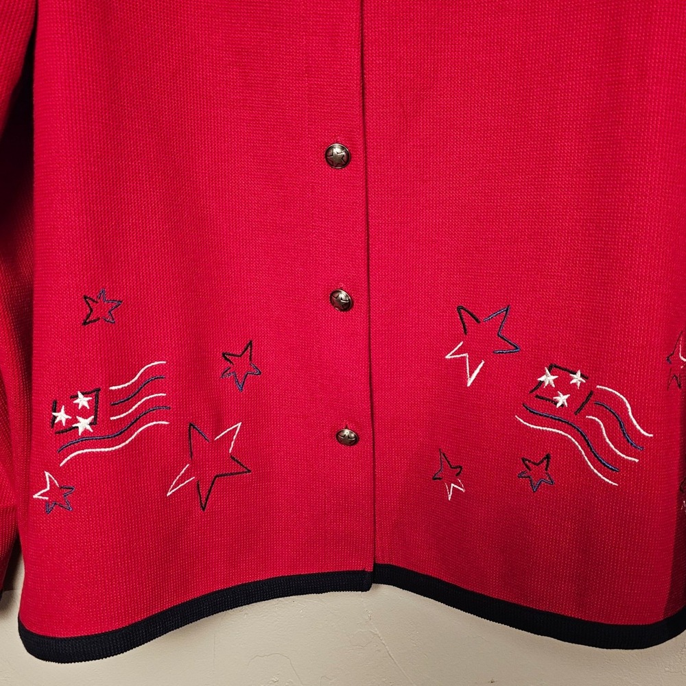 Vintage Banks 1X Red Patriotic Cardigan Sweater Stars USA Flag Embroidered EUC - Picture 2 of 11